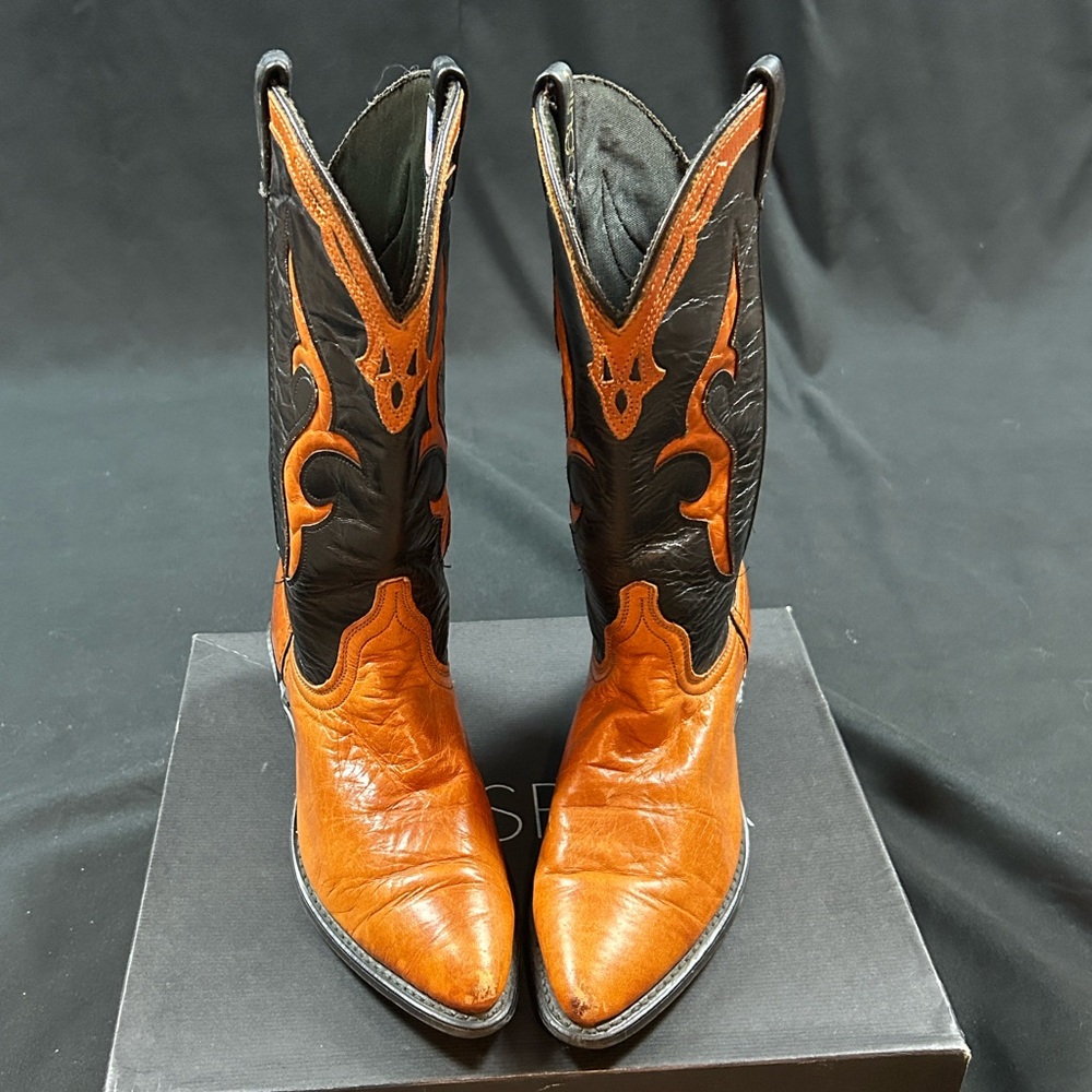 Vintage Dingo Leather Cowboy Boots Black Brown Embroidered Women's Size 7